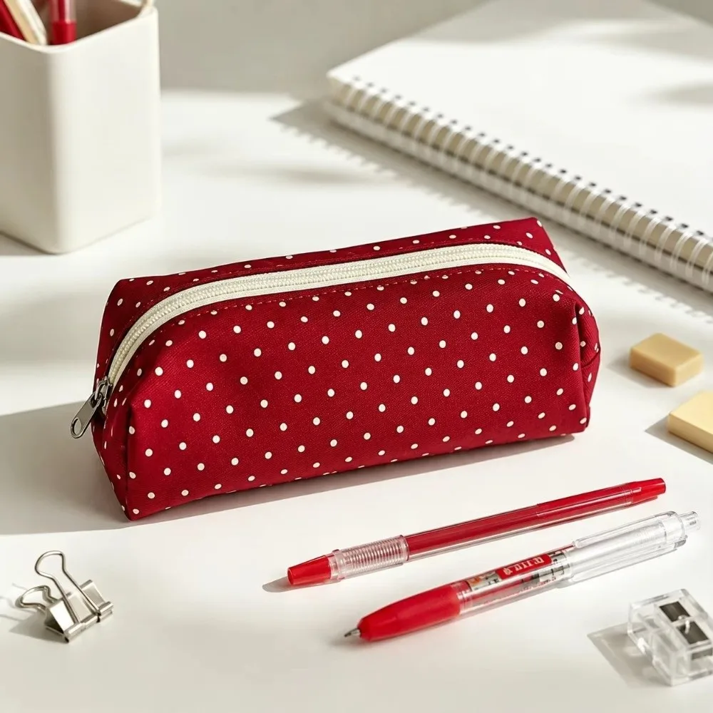 New Polka Dot Stationery Pouch Large Capacity Zipper Closure Pencil Case Canvas Red Black Beige Pen Storage Bag School Use
