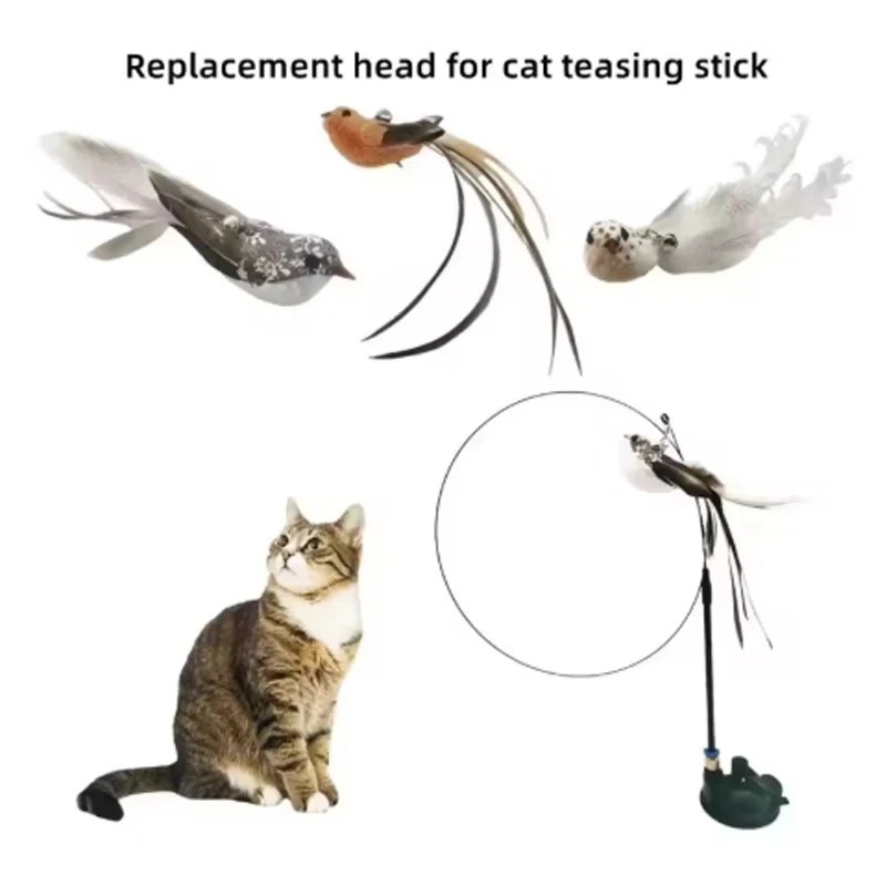 Katzenspielzeug, Katzen-Selbstspielzeug, Feder-Saugnapf, Katzen-Stick mit Glocke, Vogel-Ersatzkopf, Bissfest, Haustier-Spielzeug für Katzen und Hunde – Detail 2