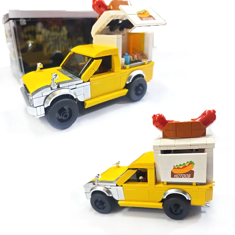 

MOC Hot Dog Food Truck Модель Строительные блоки Набор с витриной PB8858 Собранный автомобиль Коллекционная игрушка Мини-кирпичи DIY Подарок