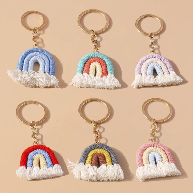 Lindo llavero tejido a mano con borlas de arcoíris, llavero para mujeres y niñas, llavero para coche, colgante para bolso, llavero DIY, regalos de joyería