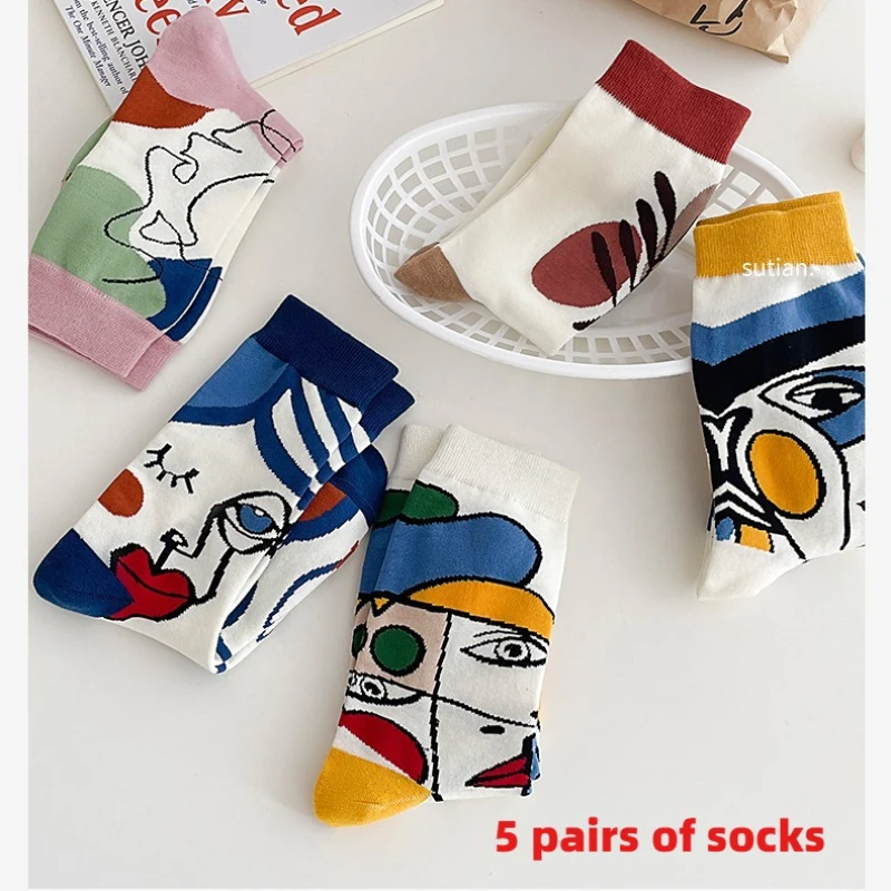 

5 Pairs/Set Funny Socks Women Cute Middle Tube Cotton Socks Aesthetic Fun Socks Kawaii Cartoon Spring Summer Crew Socks