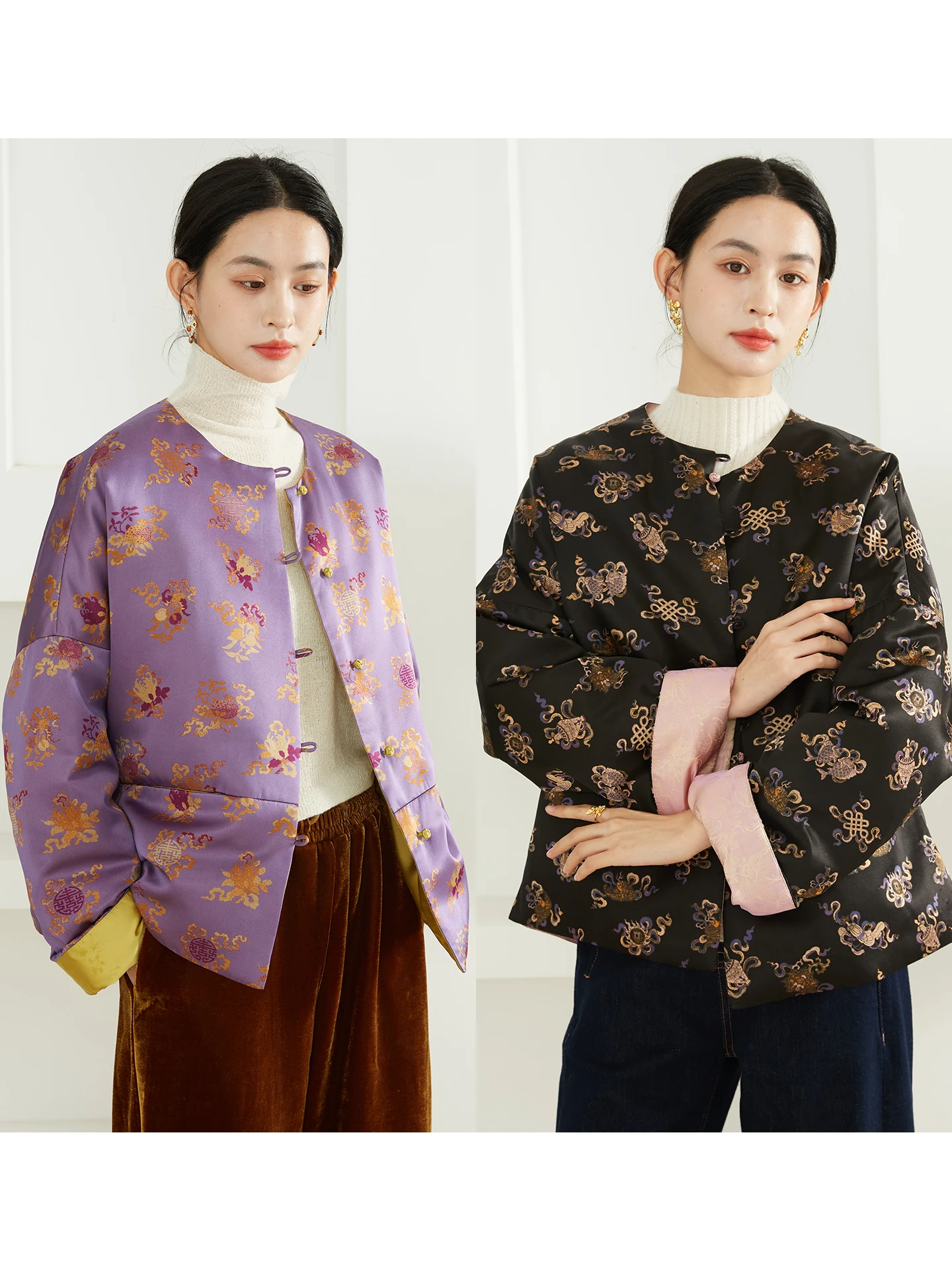 

Двусторонняя зимняя женская куртка-пуховик с наполнителем из 90% белого гусиного пуха, с шелковым принтом, в традиционном китайском стиле, с длинными рукавами