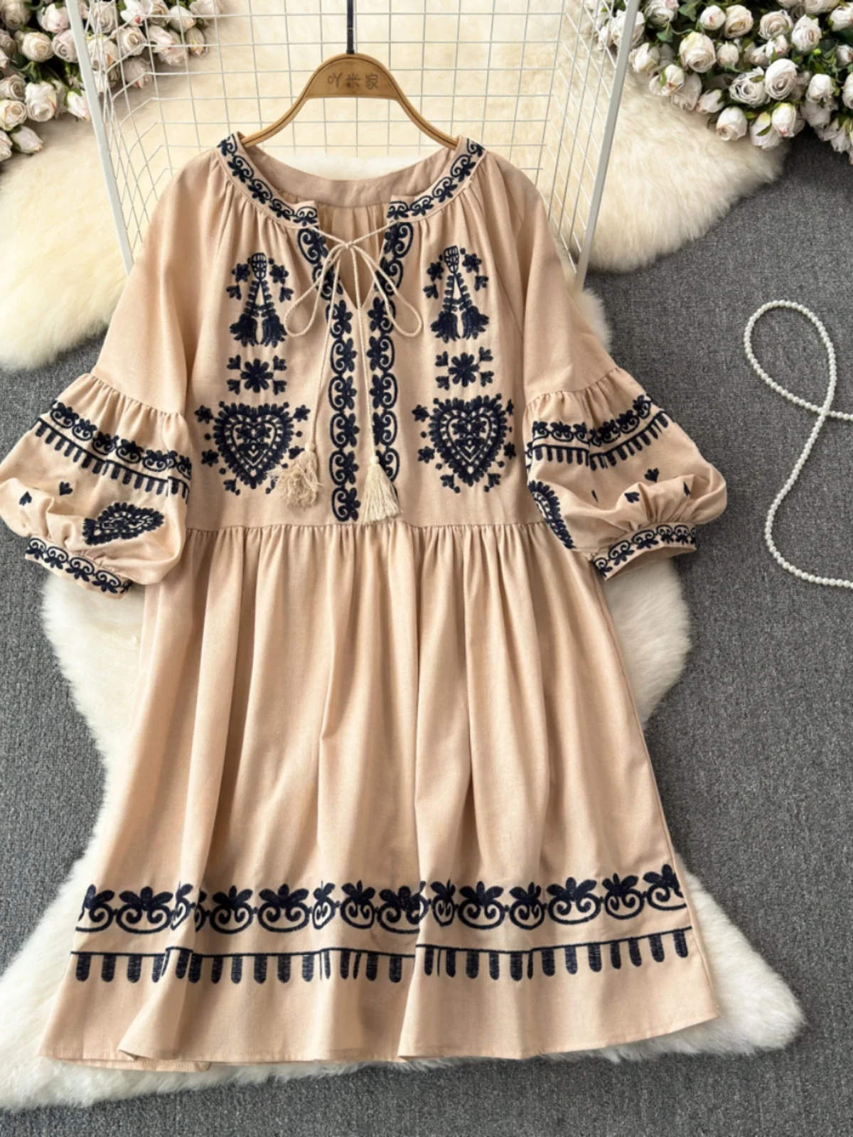 여성 루즈핏 오버사이즈 드레스 코튼 린넨 에스닉 스타일 V넥 자수 프린지 휴가 비치 보헤미안