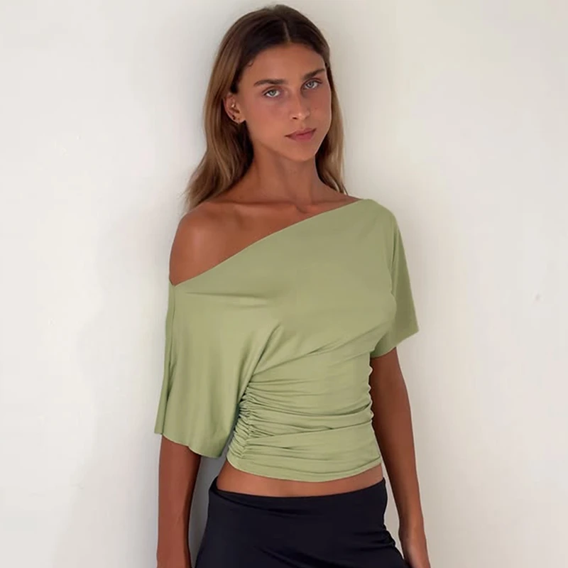 Hugcitar Modisches T-Shirt mit schrägem Kragen, kurzen Ärmeln, einfarbig, sexy, eng anliegend, kurz geschnitten, Damenkleidung, Streetwear, Party, Festival, T-Shirts – Detail 11