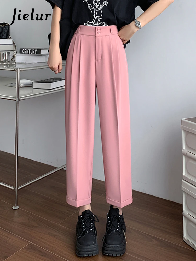 

Jielur Casual Slim Double Buttons Chic Women's Pants Solid Color Simple Summer Office Lady Female Harem Pants Pockets Pink Khaki