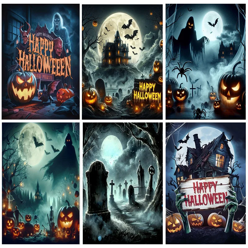 

Happy Halloween Party Backdrop Full Moon Scary Night Castle Graveyard Forest Bats Pumpkin Lantern Photography Background JS-6