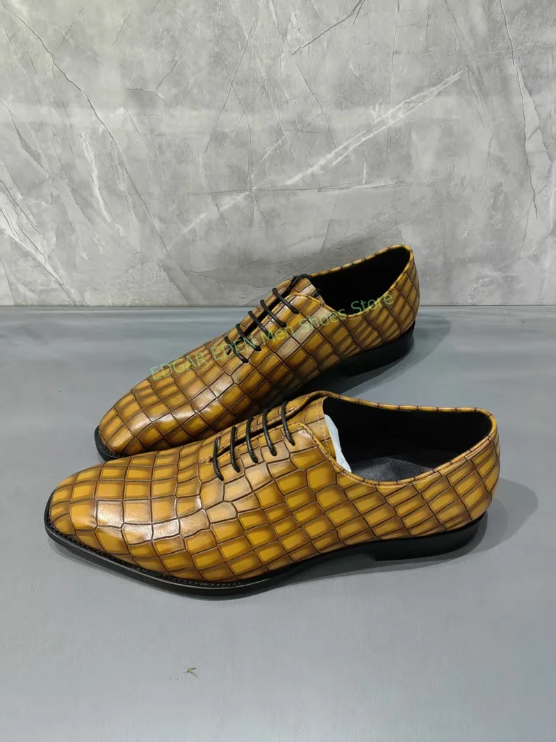 

Fashion Stone Skin Print Men's Brown Genuine Leather Single Shoes Male Round Toe Slip On Formal Wedding Party Shoes