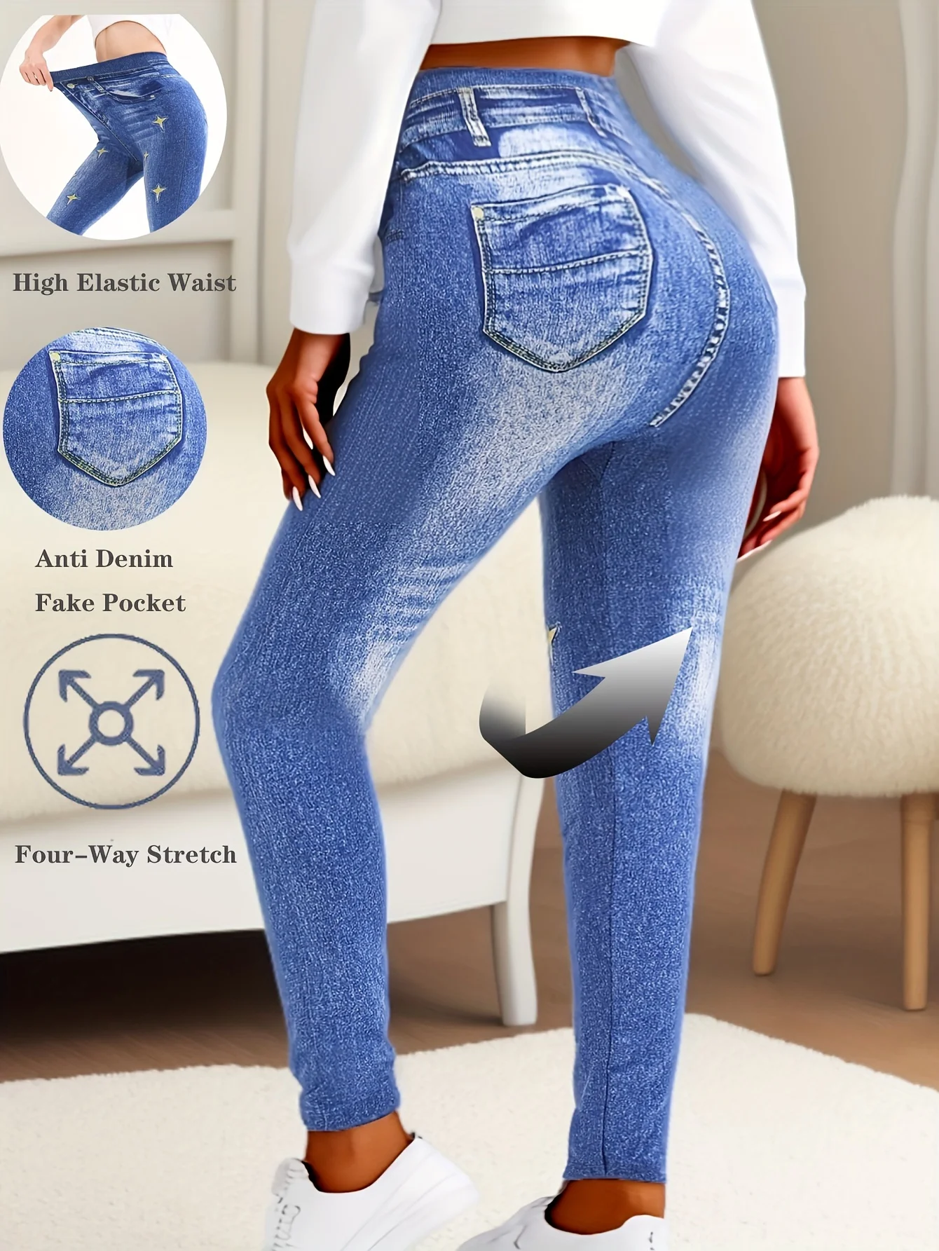 CUHAKCI Fashion Casual Seamless Imitation Denim Tight Fitting Legging Women's Pentagram Fake Pocket Elastic Sports Cropped Pants