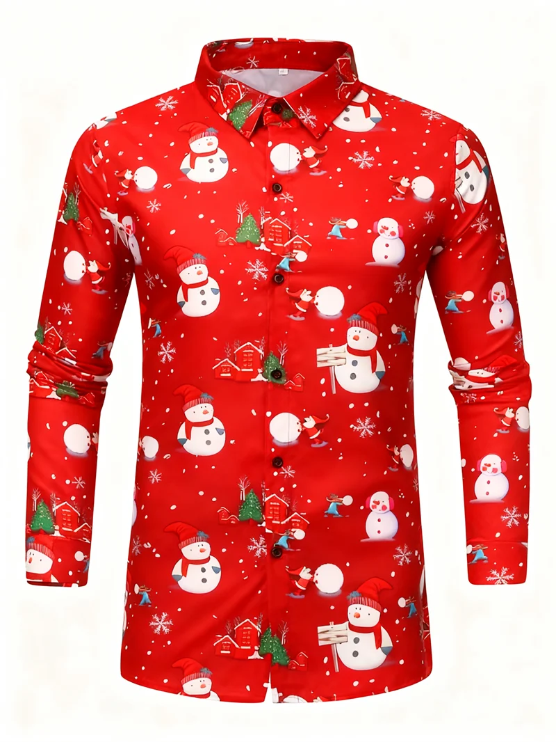 

Новая рубашка со снежинками и гавайским оленем, мужская модная рубашка с длинным рукавом, рубашка с длинным рукавом с рисунком снеговика, рождественская