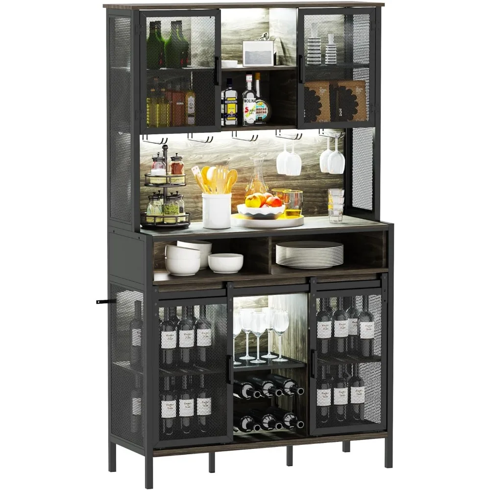 Coffee & Wine Bar Cabinet with Sliding Barn Door, Farmhouse Buffet Cabinet with Wine Rack & Glass Holder for Dining Room 72 Inch