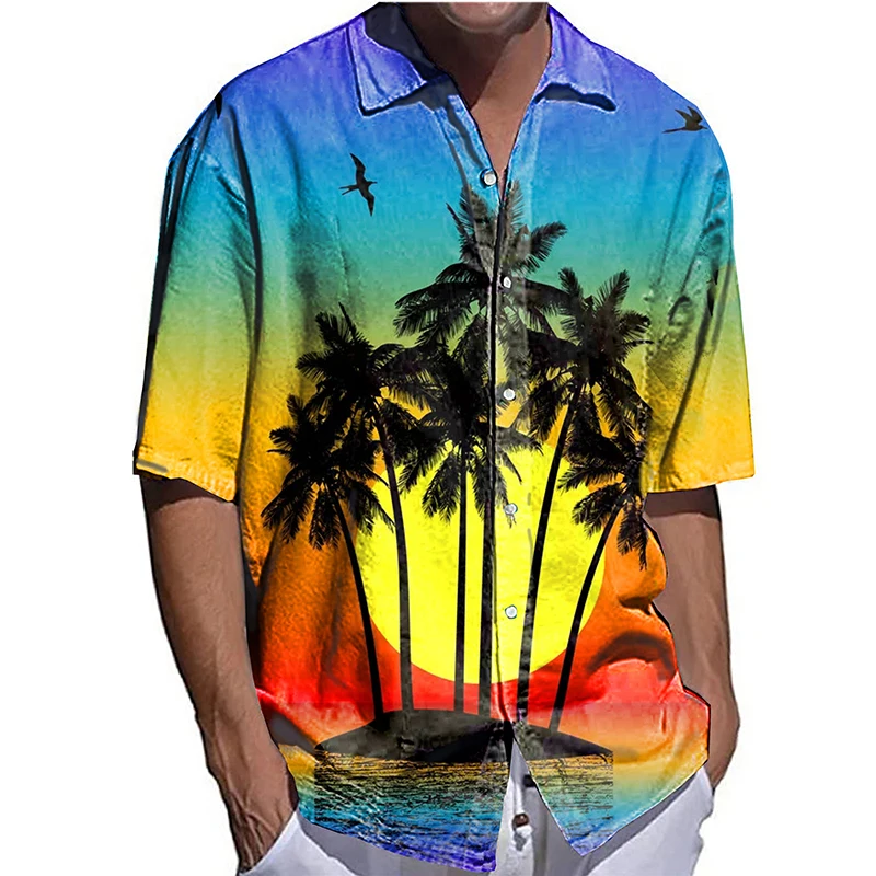 

2022 Summer Coconut Tree Hawaiian Holiday Shirt For Men Men's Lapel Shirt Europe And The United States Men's Casual Short Sleeve