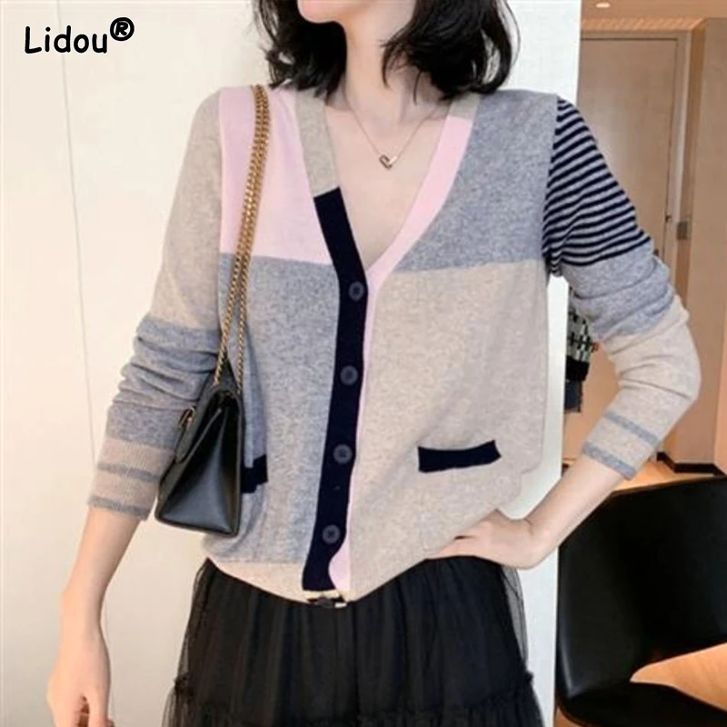 2023 New Spring and Autumn Fashion Simple and Versatile V-neck Panel Contrast Pocket Loose Casual Knitted Sweater Cardigan