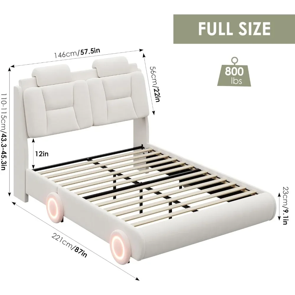 Full Upholstered Led Bed Frame with Wheels Decor & Adjustable Curved Headboard Modern Car-Shaped Platform Bed Bed Bases & Frames