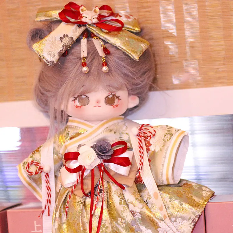 Anime 20cm plush toy doll clothes gilded Japanese kimono 30cm fox bow top pleated skirt school season daughter birthday gift