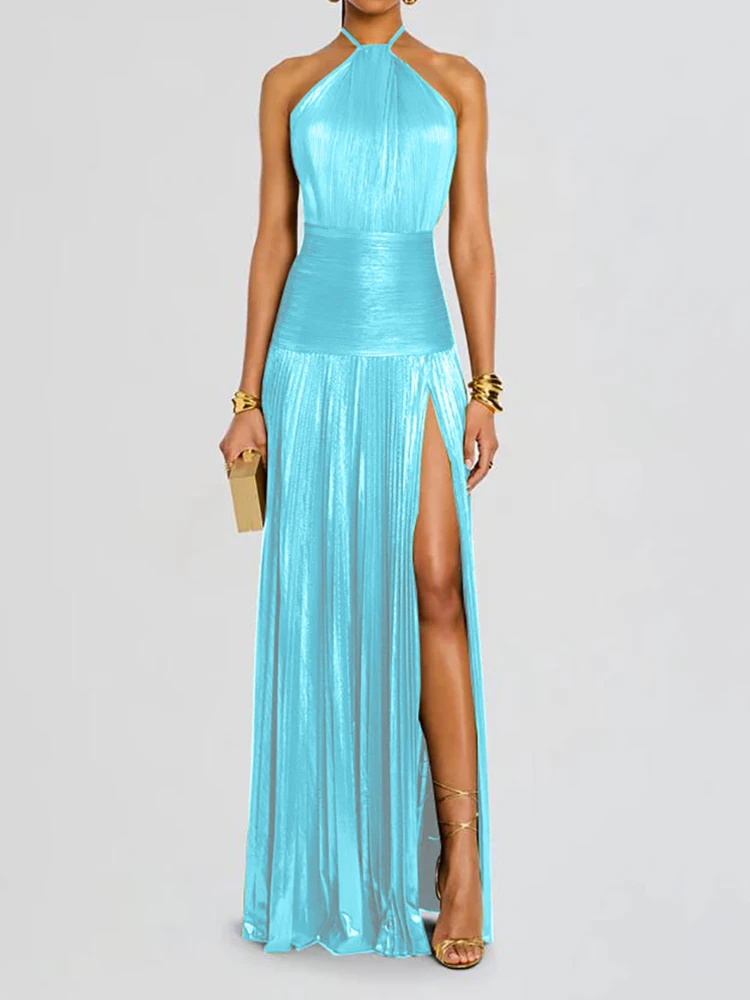 Robes longues élégantes pour femmes fête femme Vintage solide laçage robe Maxi printemps été sans manches Sexy licou robe de soirée