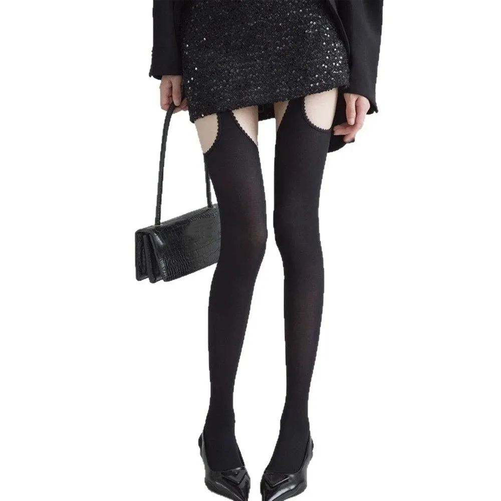 Temperament Hollowed-out Women Pantyhose Lolita JK Spicy Girls Style Thigh High Stockings Wide-banded Thin Tights Lolita