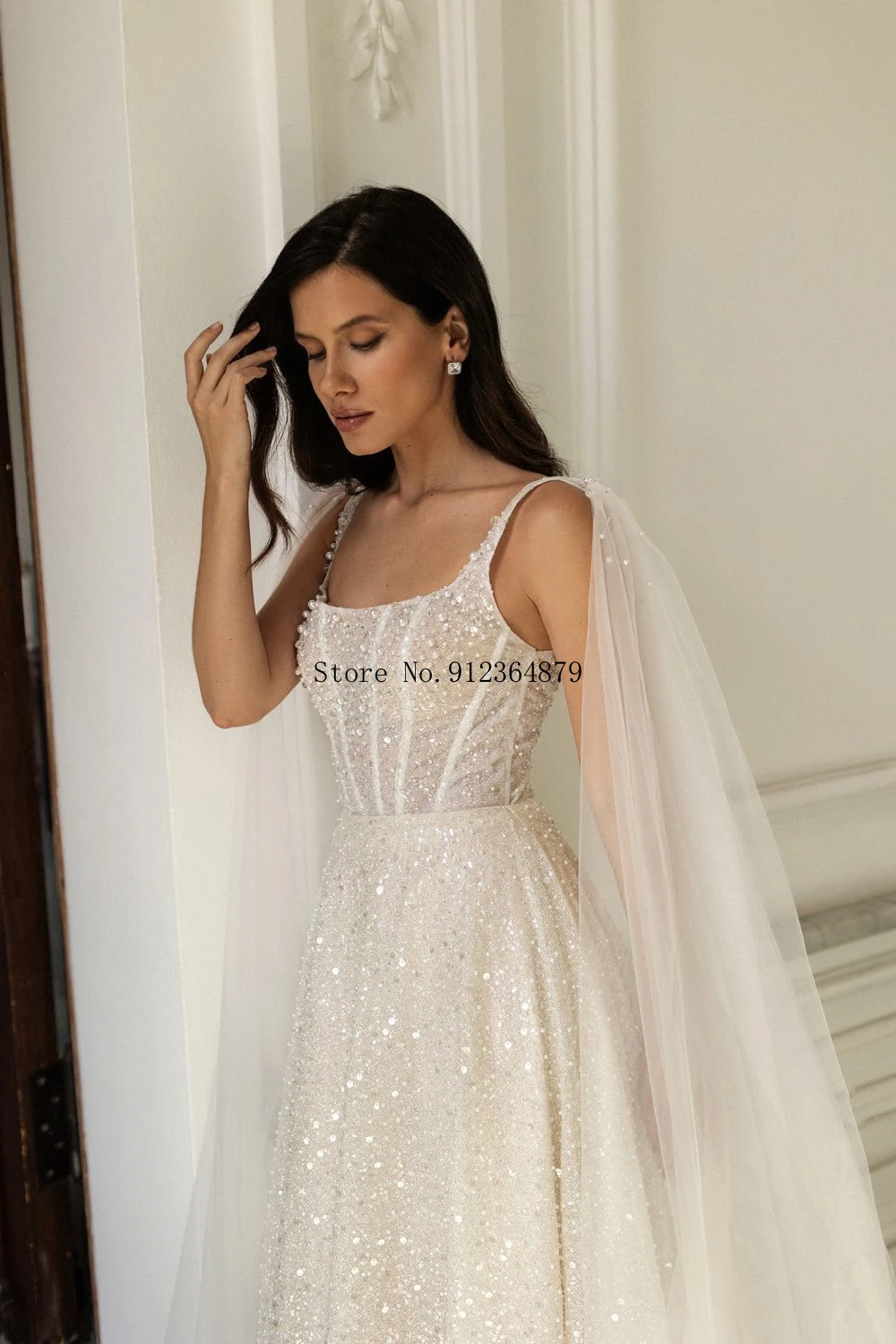 فستان زفاف مخصص برقبة مربعة وحزام سباغيتي على شكل حرف A مع ذيل محكمة فستان زفاف أنيق مطرز للعرائس #3