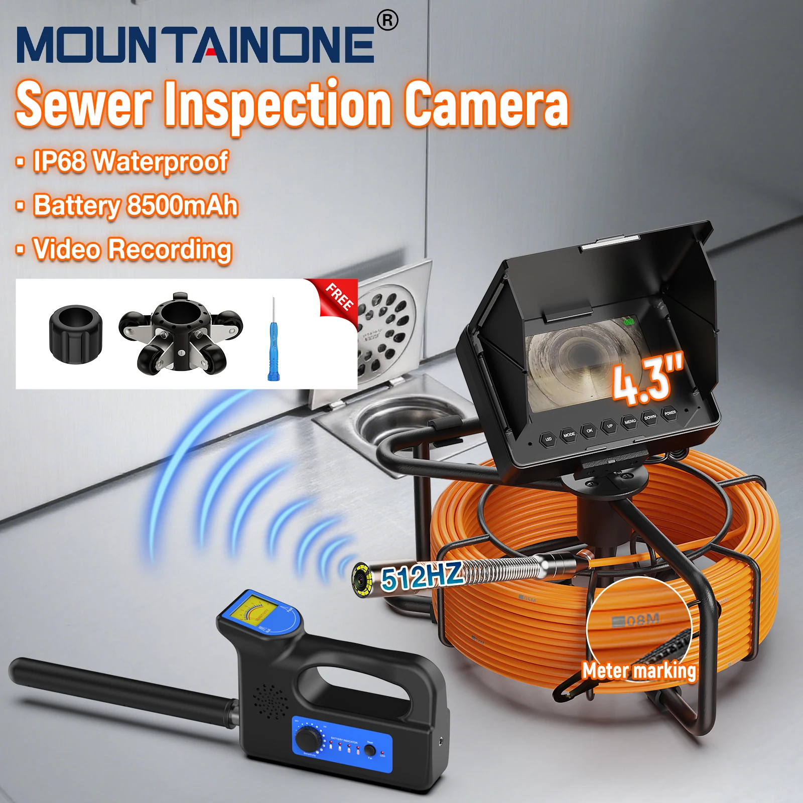 4.3' Endoscope Camera 512Hz Self-Leveling With Receiver 17mm/18mm/23mm Camera DVR IP68 Sewer Inspection Camera 8500mAh Battery