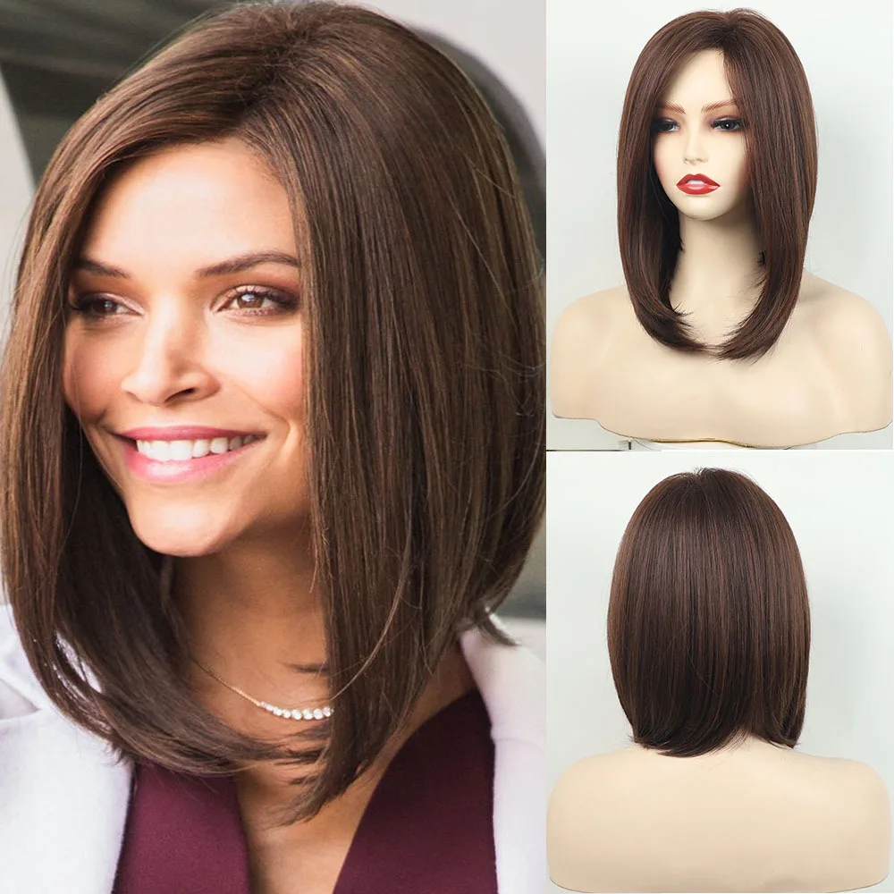 

European and American wig women's full head medium and long straight hair partial points brown bobo inner buckle wig headgear