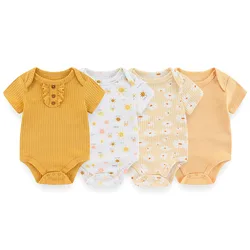 Solid Color 4-Piece Baby Unisex Bodysuits Summer Newborn Onesies Short Sleeves Infant Clothes