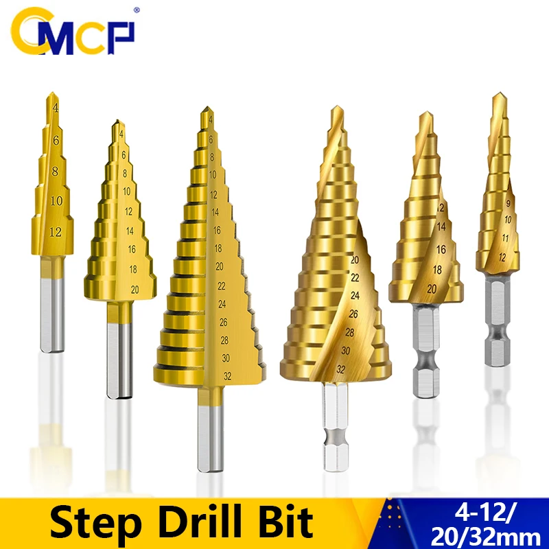 

CMCP Step Drill Bit 4-12/20/32mm Titanium Coated Core Drill HSS Hex Shank Hole Saw Cutter Cone Drill Bit Drilling Tool