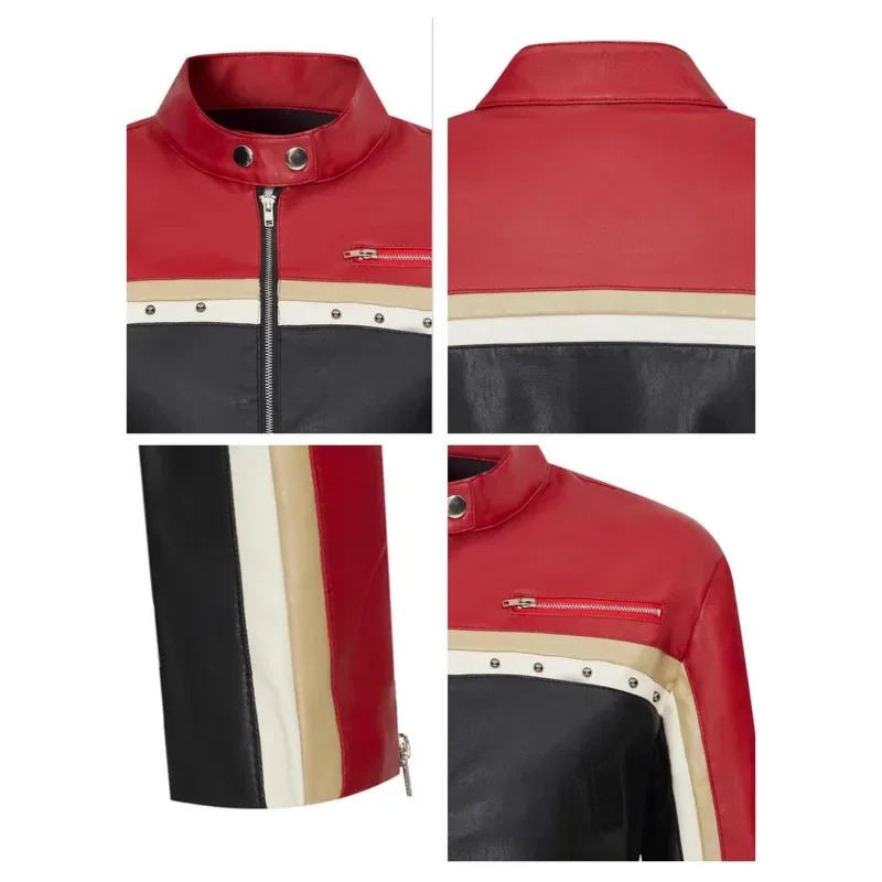 Cool Handsome Motorcycle Style Hot Girl Waist Jacket Contrast Splicing PU Leather Short Jacket New Fashion Women's Zipper Coat