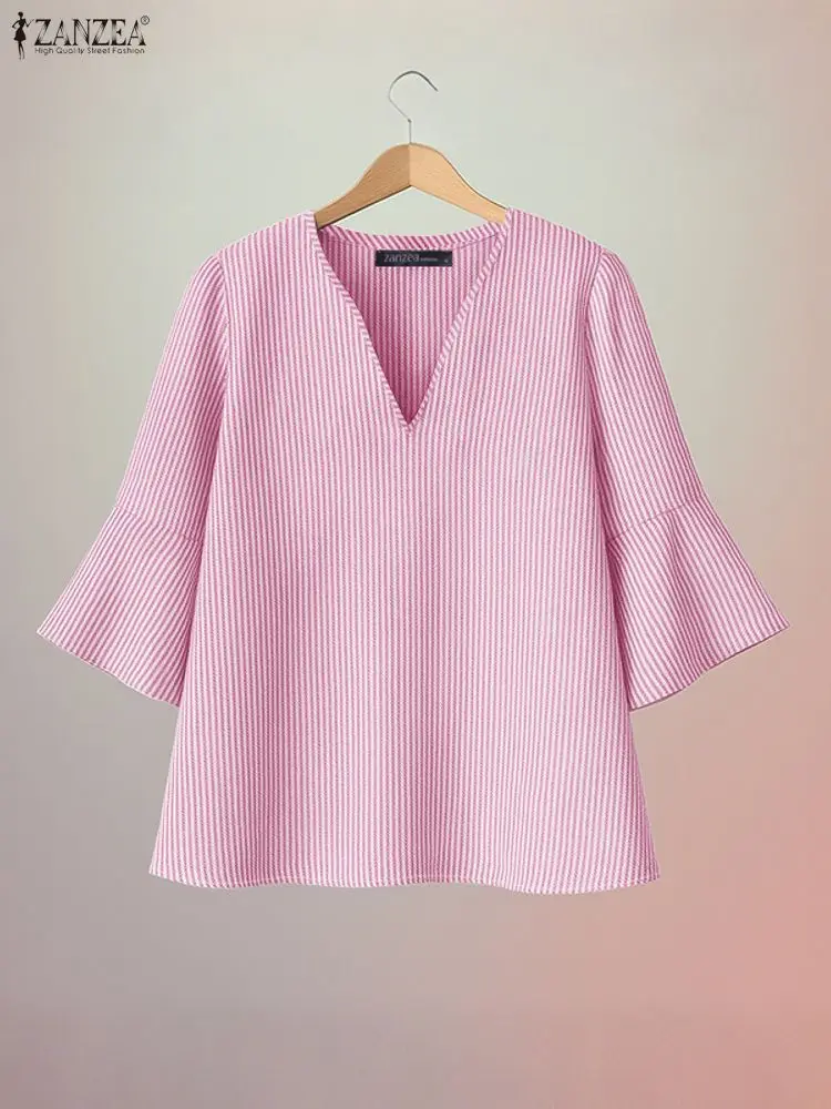 

Stylish Women V Neck Stripe Blouse ZANZEA Autumn Summer Shirt 3/4 Sleeve Tops Female OL Work Shirts Casual Loose Blusas Oversize