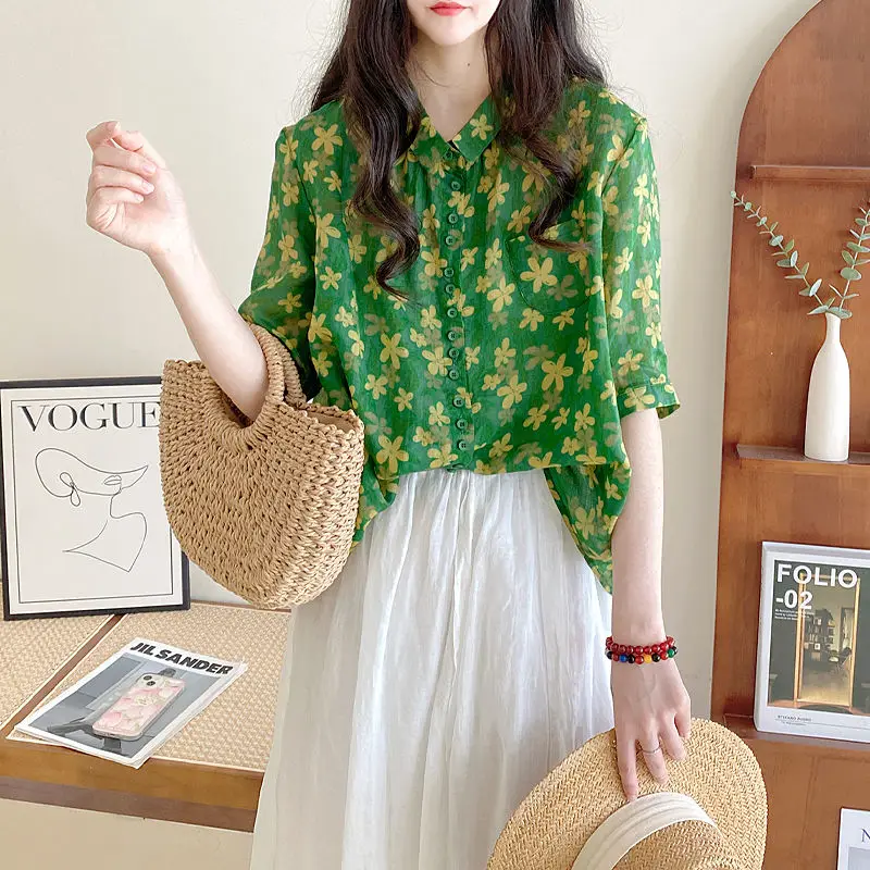 Vintage Printed Lapel Button Loose Floral Shirts Women\'s Clothing 2024 Summer New Oversized All-match Tops Office Lady Blouses