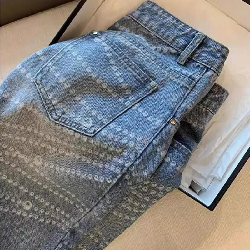 Spring Women's Pearl Craft Denim Pants High Waist Straight Leg Wide Leg Design Slimming Effect Casual All Seasons Jeans