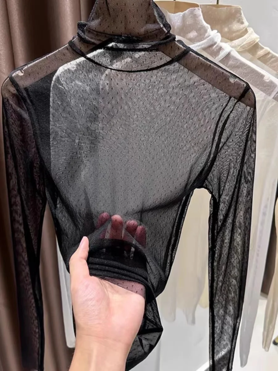 Camiseta de encaje para mujer, cuello alto, manga larga, tul negro, top sexy de red, ligera, de lujo, transpirable, agradable para la piel
