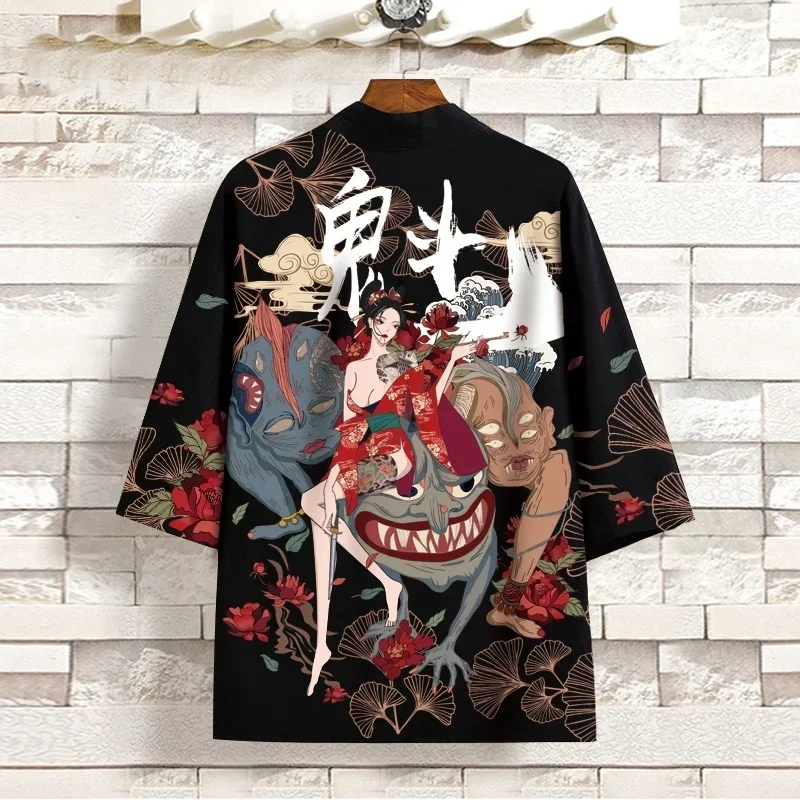 Samurai Female Warrior Demon Print Kimono Shirt Clothing Japanese Yukata Harajuku Leisure Men Traditional Haori Kimono Women Top