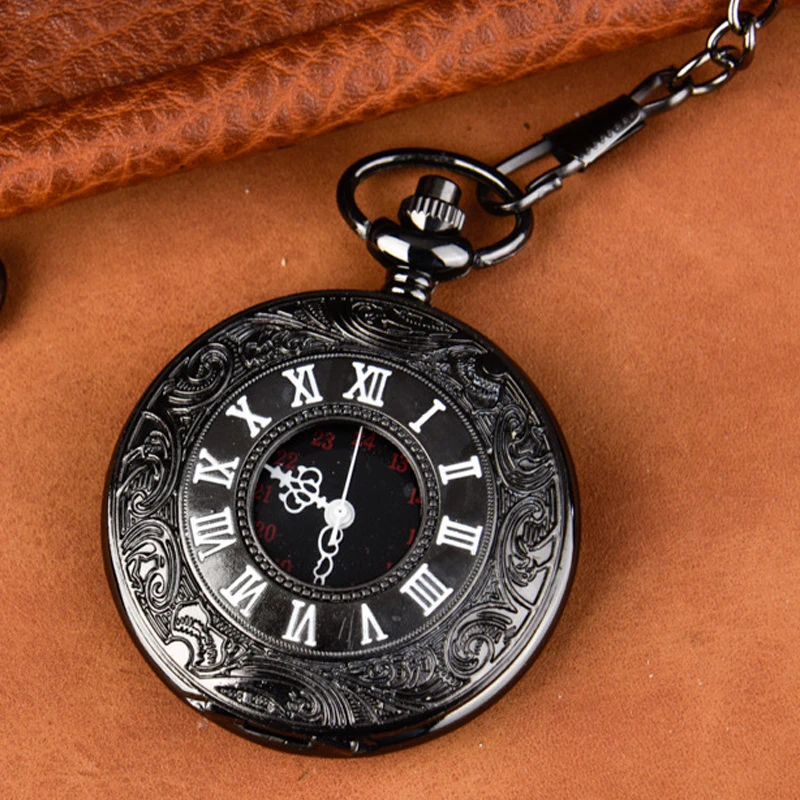 Vintage Black Carving Quartz Pocket Watch for Men Engraved Case Roman Numeral Fob Chain Pendant Clip Clock for Collection Gift