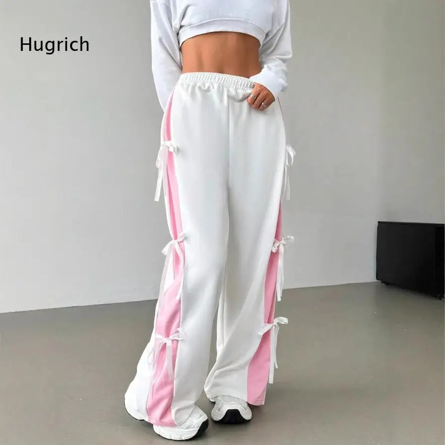 Women's High Waist Wide Leg Sweatpants Side Split Tie Up Casual Loose Trousers Streetwear Color Block Long Pants Autumn Winter