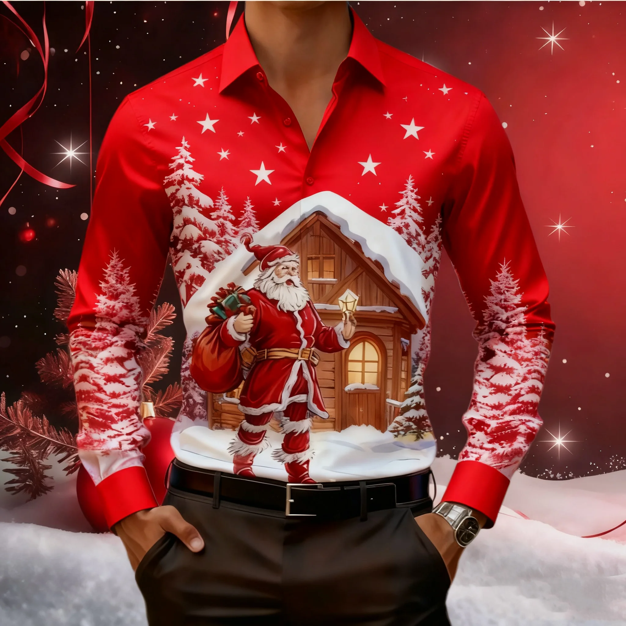 

Men's button-down Christmas shirt, outdoor festive fun long-sleeved shirt, 3D printed collar, red color, 2026 new product. Fast