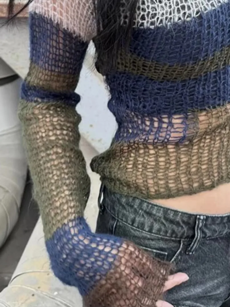 Gótico oco para fora camisola de malha feminina ver através y2k topos estéticos contraste cor listra pulôver grunge streetwear capas