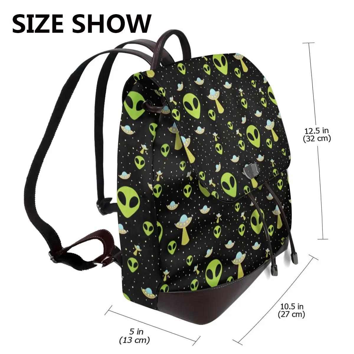 Green Alien Spaceship Pattern Bookbag School Student Bags Hiking Travel Daypack for Women Fashion Derma Backpack