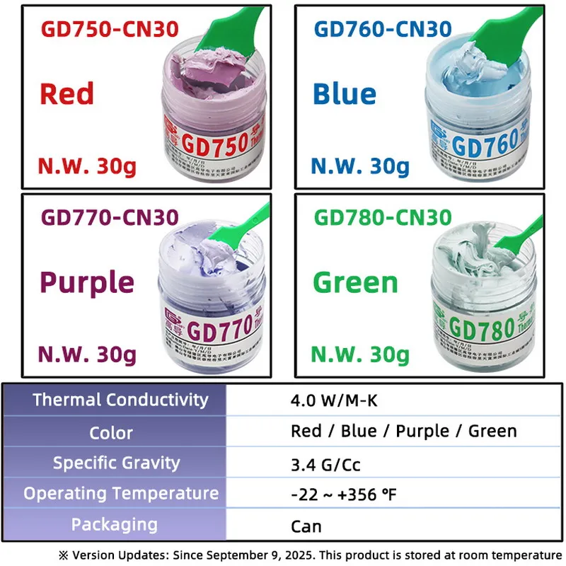 GD760 Thermal Paste Conductive Grease Silicone Plaster Heat Sink Compound Red Blue Purple Green 30 Grams Bottle Packaging CN30