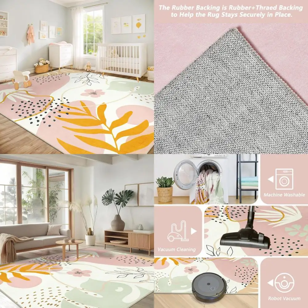 

Soft, Washable 9x12 Nursery Area Rug - Botanical Pink for Playroom and Bedroom