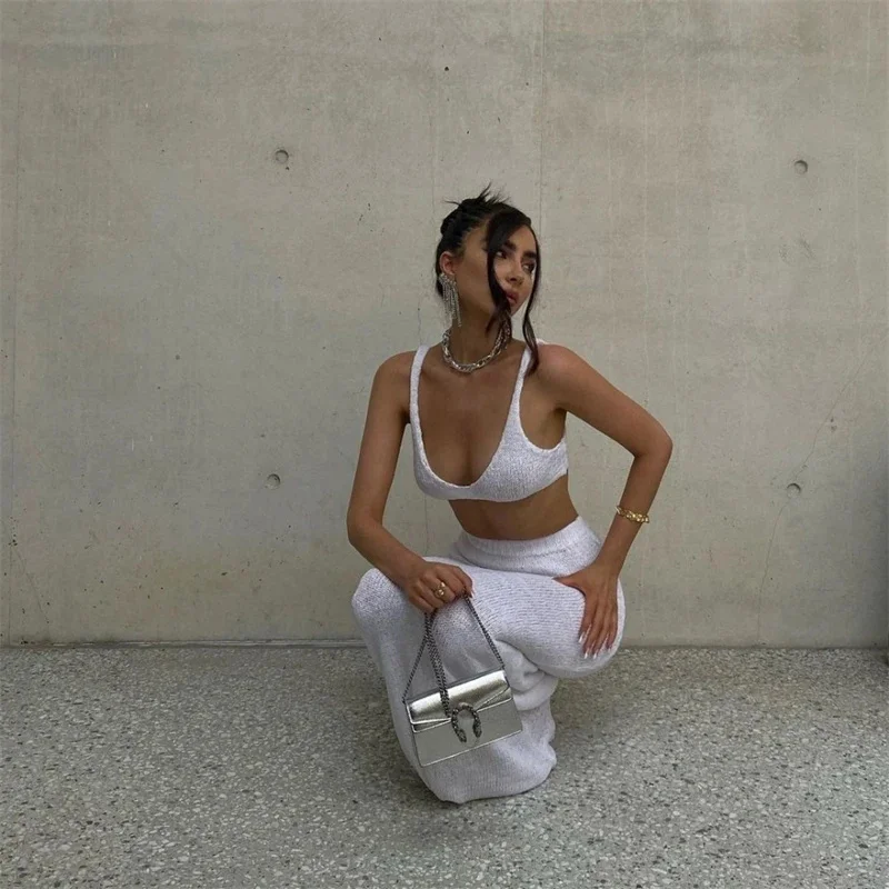 

Fashion Women Knitted Camisole Dress Sexy Solid Color Chest Wrapped Top Hip Wrapped Skirt Two-piece Set Summer Crop Top Clothing