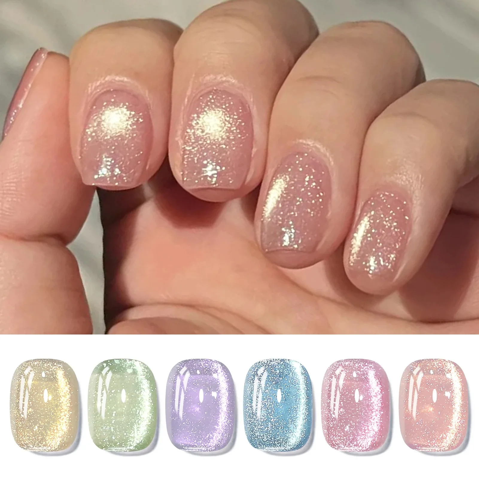 BORN PRETTY 6 Bottles Light Flow Cat Magnetic Gel Nail Polish Set Colored Glitter Semi Permanent UV Soak Off Nail Art Decor