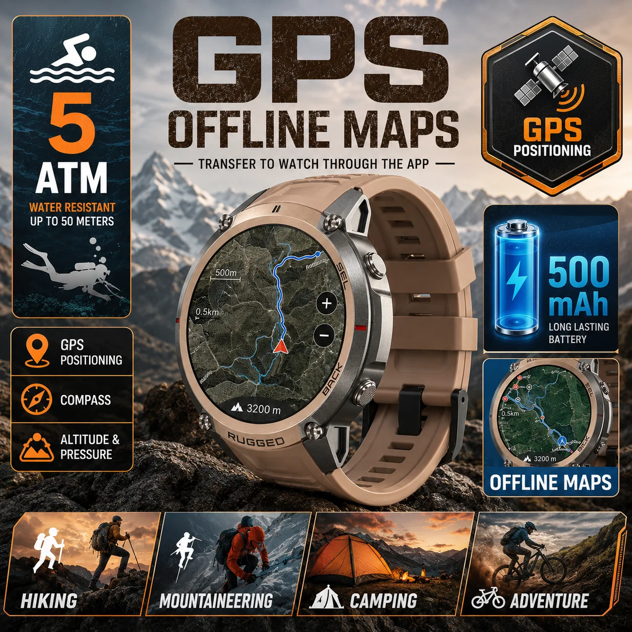 LIGE Top Accurate Outdoor GPS Smart Watch Offline Maps Download Compass Tracking 5ATM Waterproof Tactics Sports Smart Bracelet
