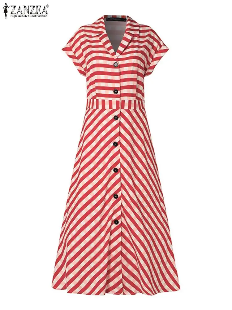 ZANZEA Fashion Office Stripes Shirt Dress Women Korean Work A-line Midi Dress 2024 Summer Elegant Lapel Collect Waist Vestidos