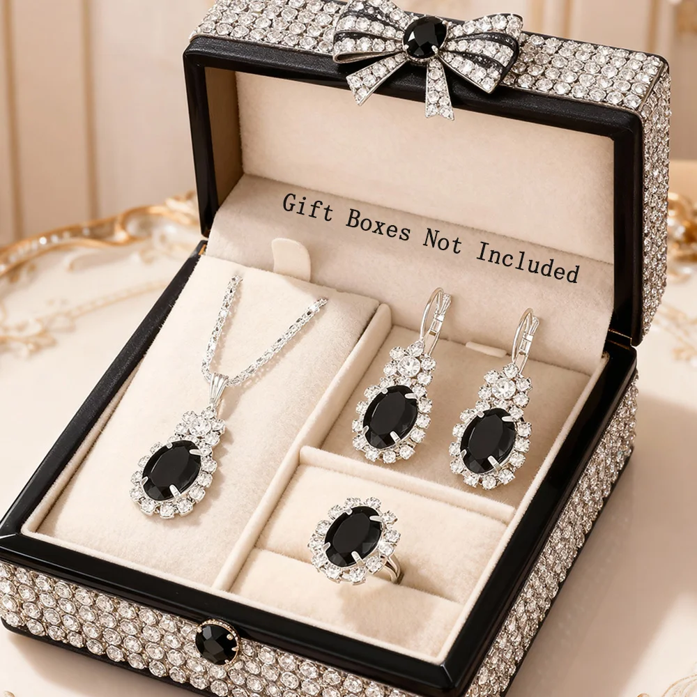 4Pcs Women Jewelry Set,Shiny Necklace Earrings Ring Women Banquet Wedding Accessories Christmas Valentine's Day Gifts