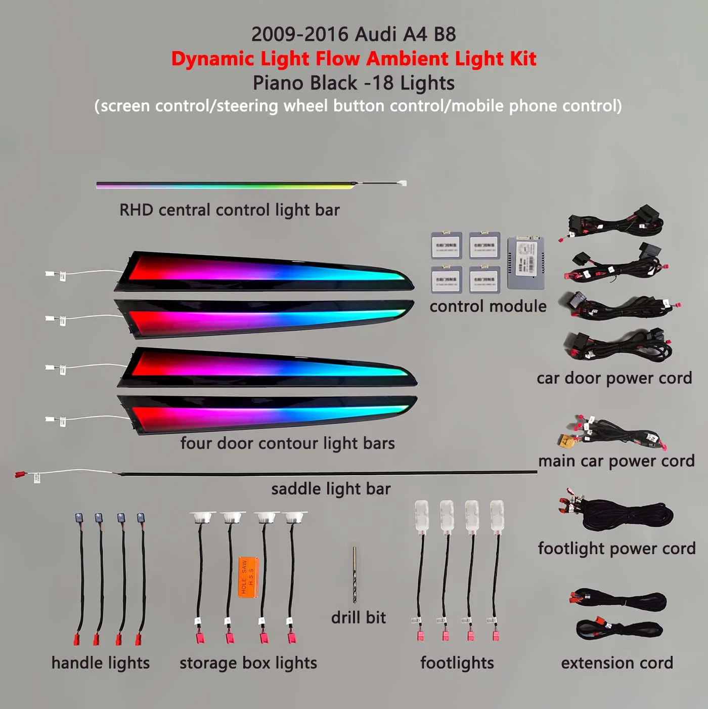 256 لون A4 طقم الإضاءة المحيطة لأودي A4 B8 2009-2016 البيانو الأسود جو مصباح الإضاءة الداخلية تعديل-18 أضواء