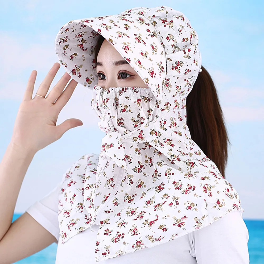 Anti-uv Summer Sunscreen Hat Outdoor Face Neck Protective Tea Picking Cap With Zipper Shawl Mask Breathable Women\'s Ponytail Hat