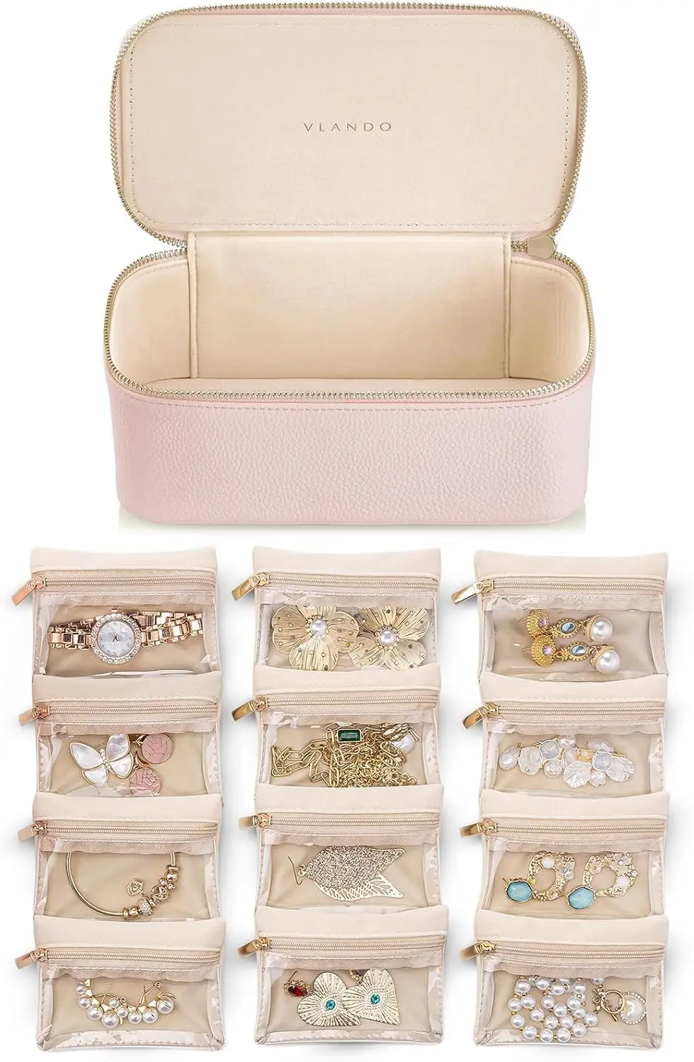 

Vlando Travel Jewelry Case,Jewelry Organizer with 6 Zipper Velvet Jewelry Bags for Women Girl,Wedding Birthday Gift Ideas for
