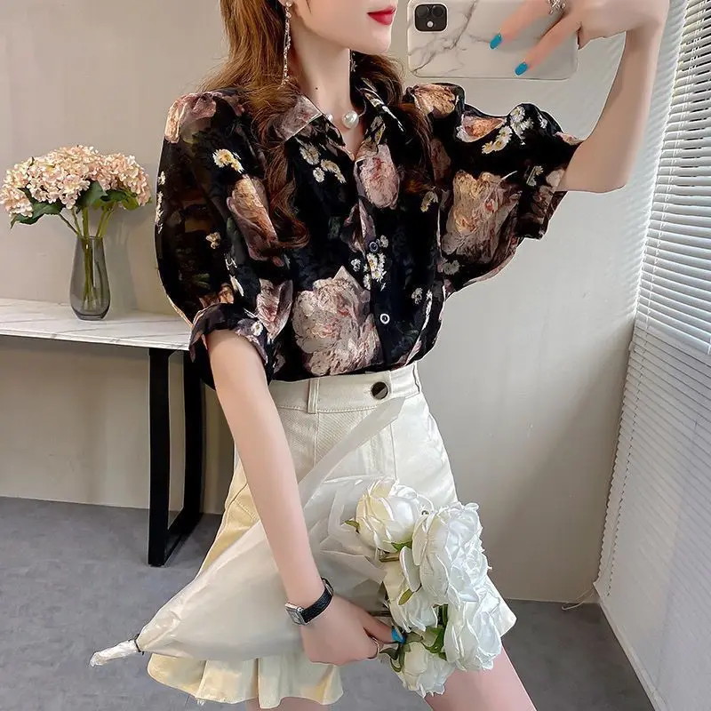 Women\'s 2024 Summer New Korean Commute Printed Short Sleeved Chiffon Blouses Fashion Casual Lapel Loose Single-breasted Shirts