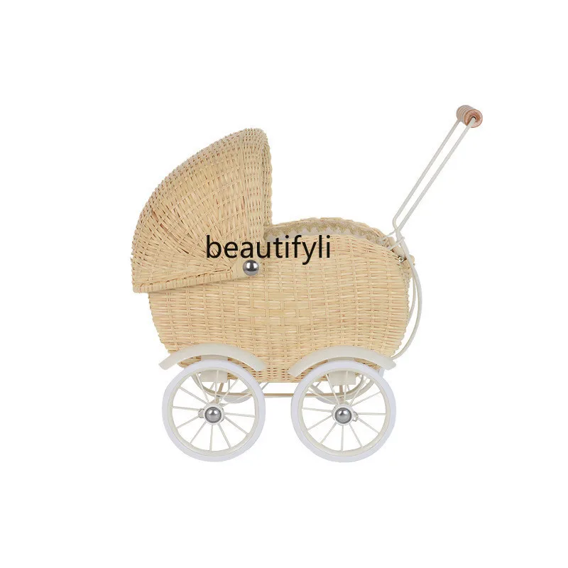 

Ins Rattan Hand-Pushed Walker Baby Four-Wheel Toy Children's Room Decoration Photo Props