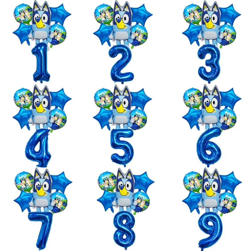 6Pcs Bluey Bingo Balloon Set Birthday Decoration Balloons Cute Foil Balloons Age Number Balloon Set Party Decoration Props Gift