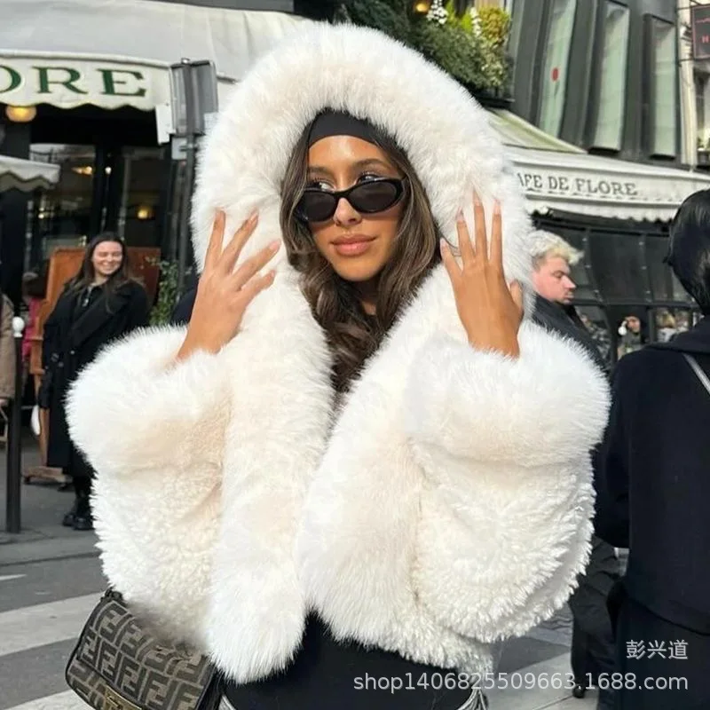 

Minimalist Winter Women Mink Fur Jacket Lady Versatile Warm Female Fur Down Coat Pure Color Fur Trim Hood Plush Eco Fur Coat